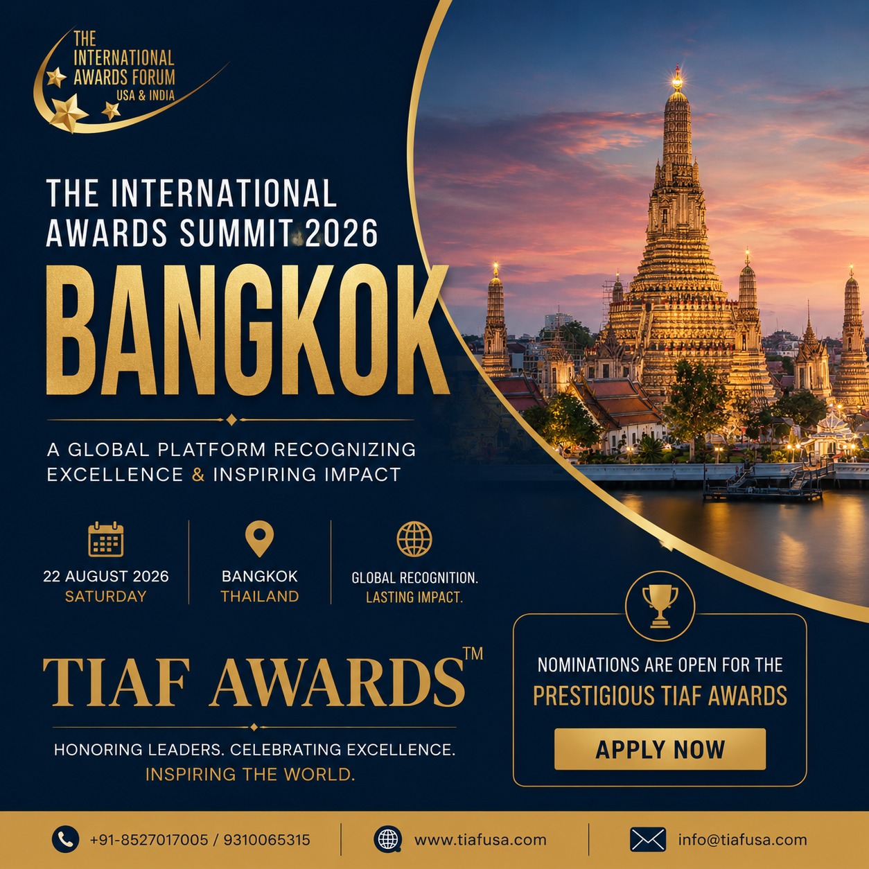 PRESS RELEASE: The International Awards Summit to celebrate Global Excellence in Bangkok, Thailand on 22 August 2026.